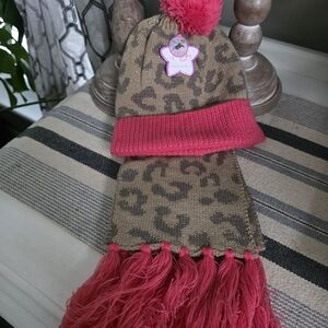 Kids Leopard Print Hat and Scarf Set with Pink Accents